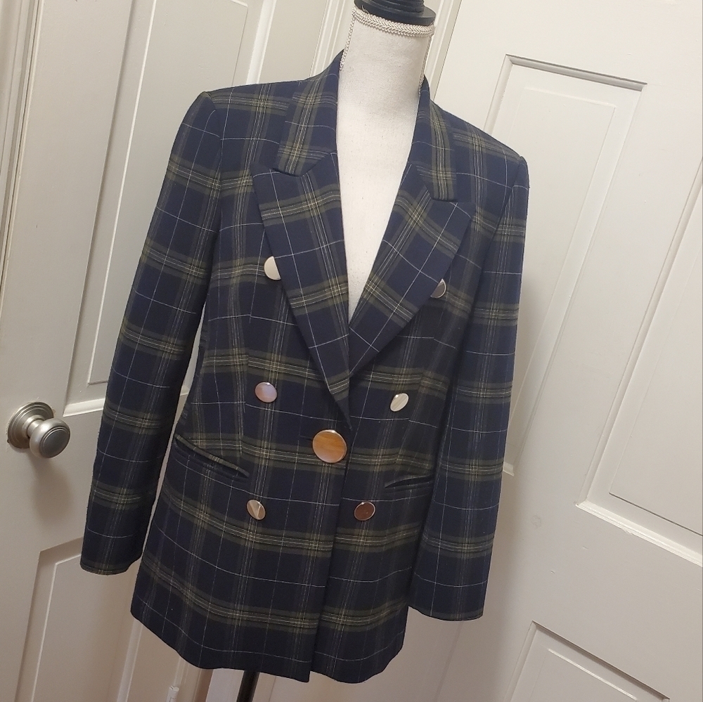 Navy Plaid Fully Lined Career Blazer Medium Navy/Green Classic